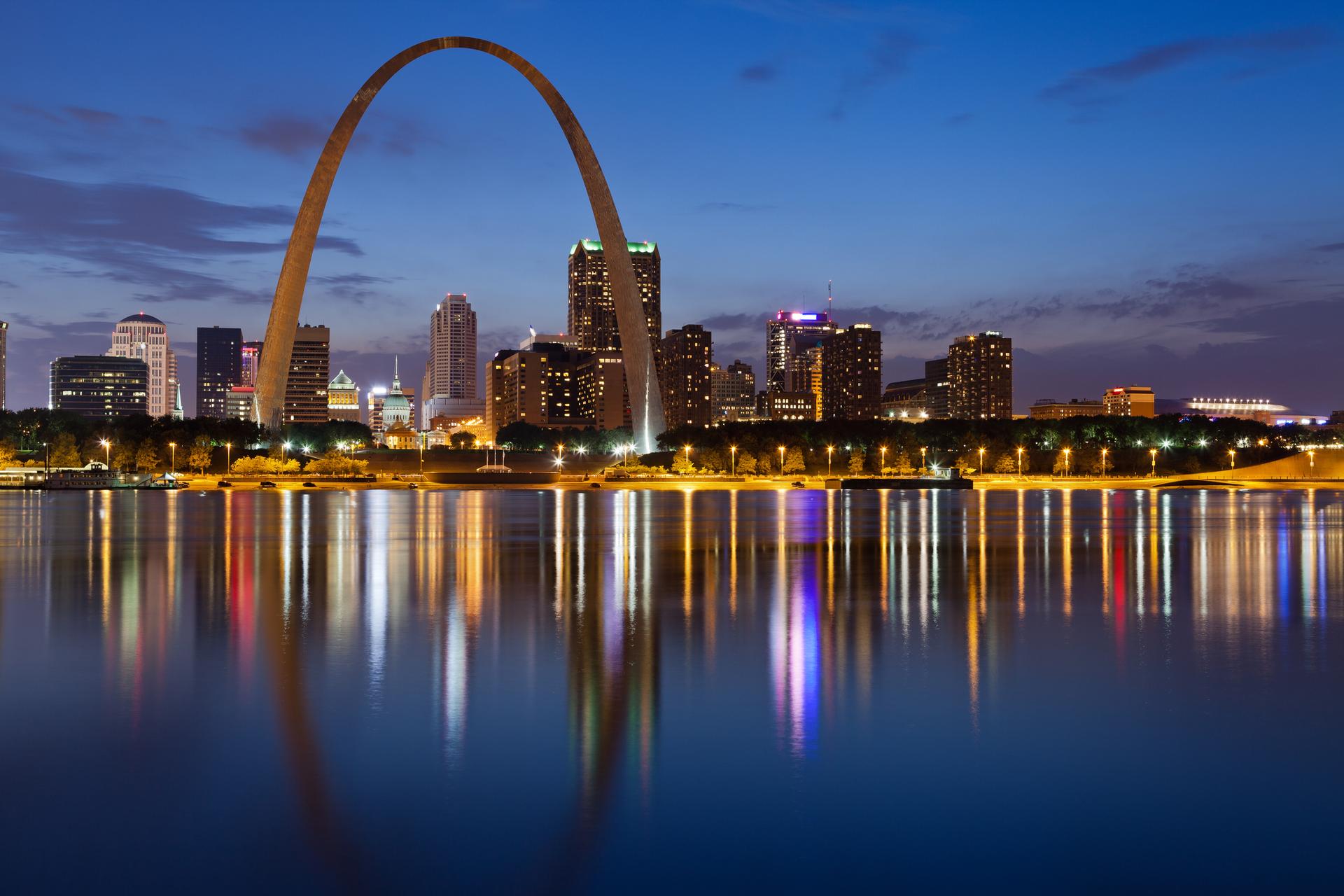 St. Louis downtown with Gateway Arch at twilight